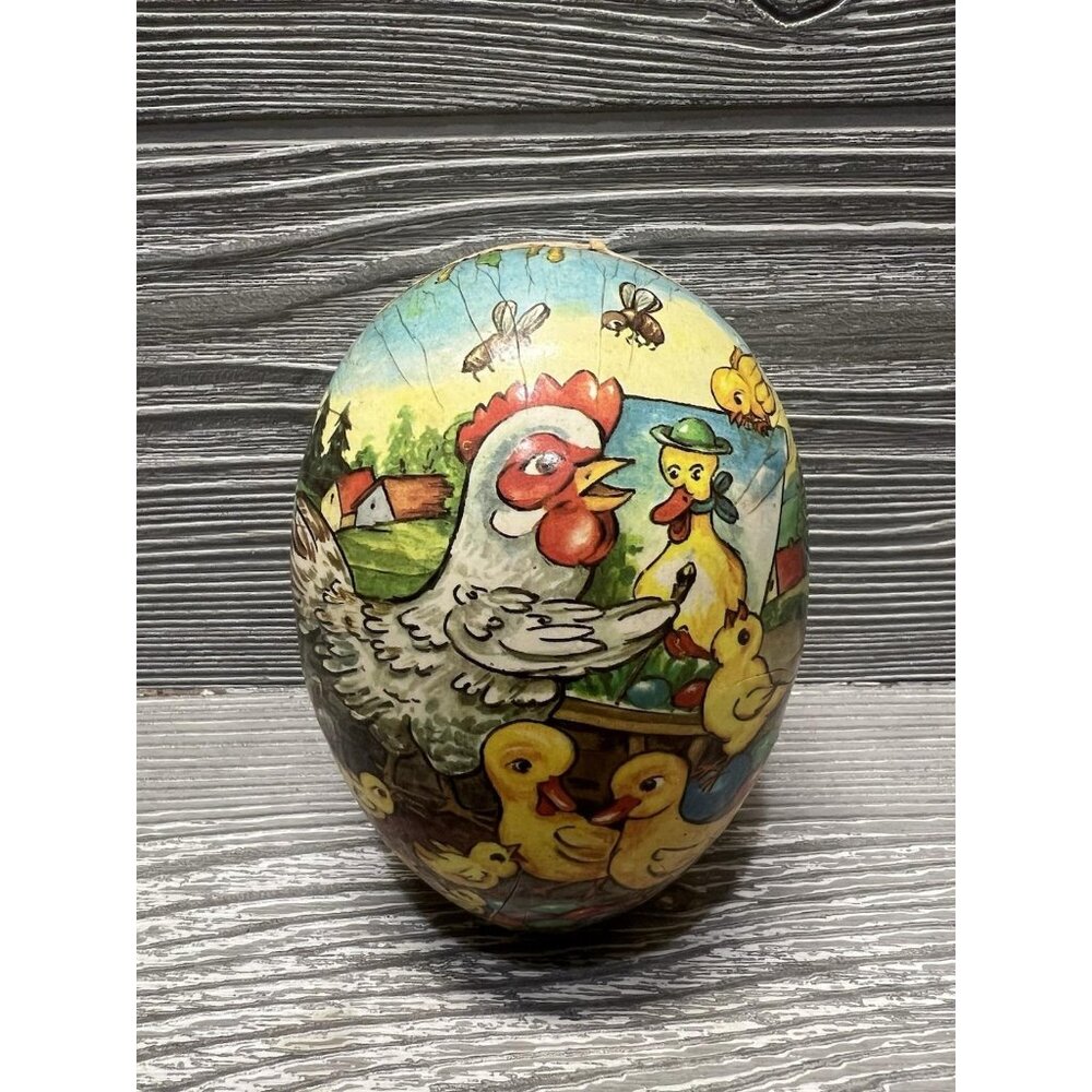 Vintage Hen & Chicks Easter Egg Candy Container Farm Scene 4” Germany